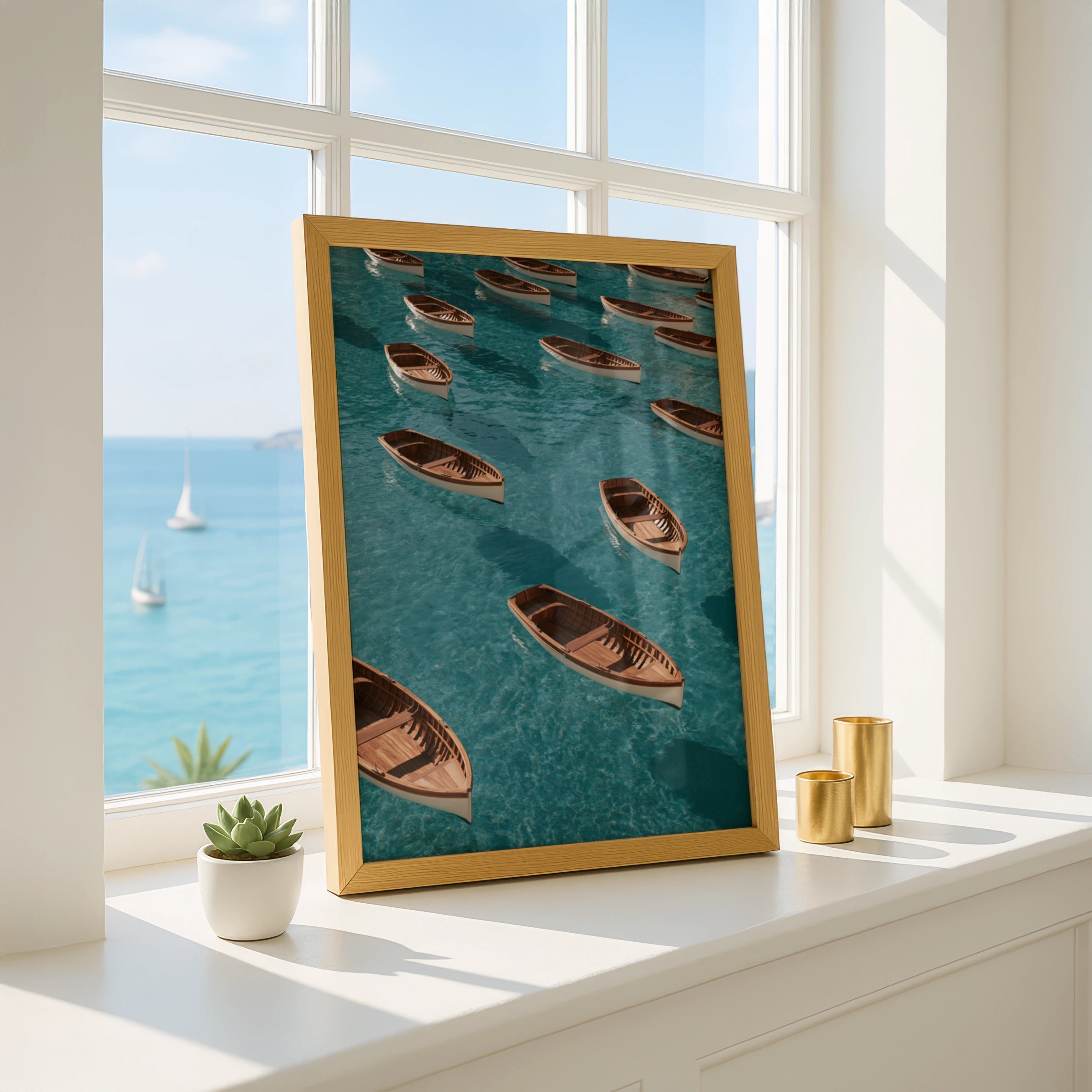 Wooden Rowing Boats Pattern Poster, Turquoise Ocean Wall Art Print