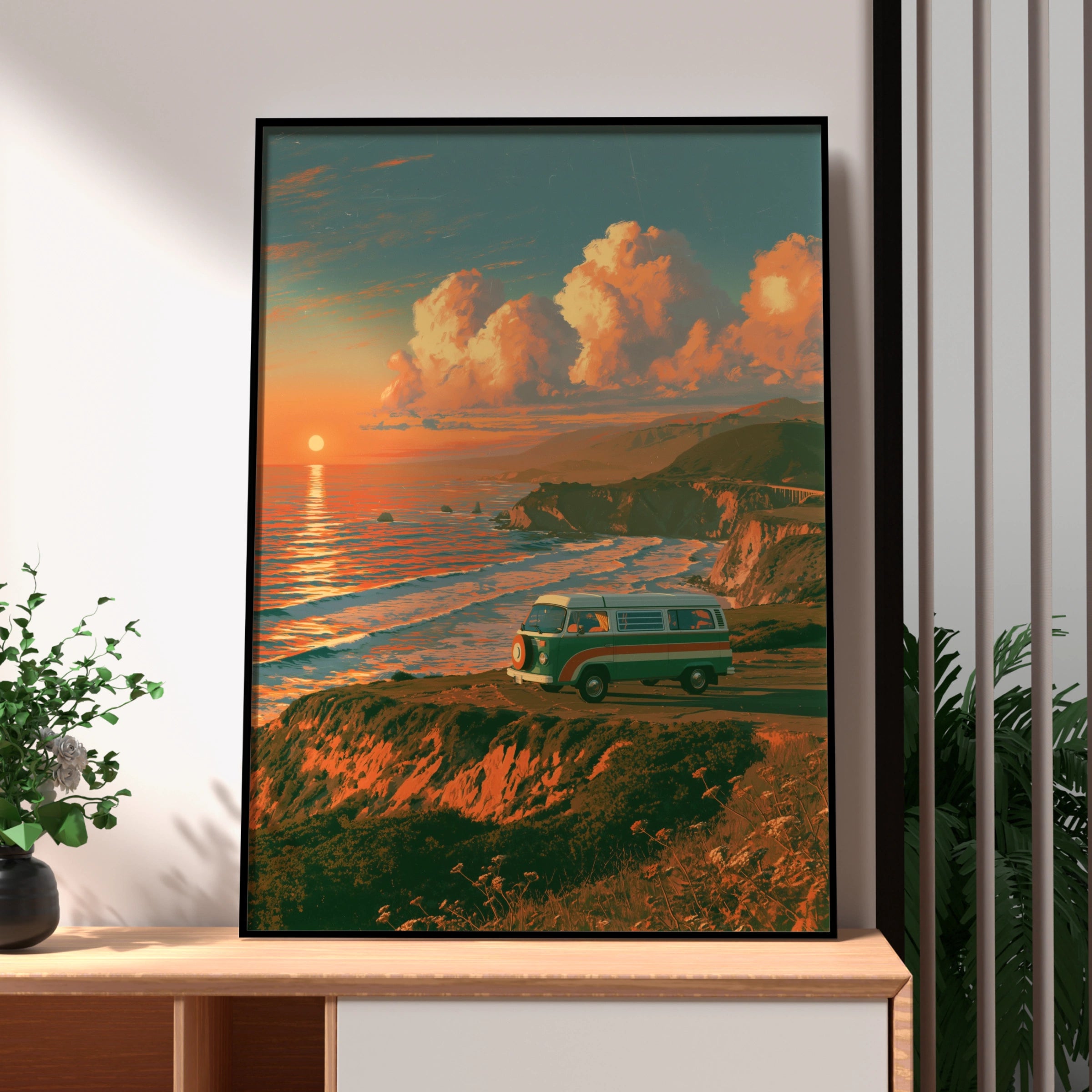 Retro Camper Van Coastal Sunset Poster, Sea Cliffs Wall Art Print