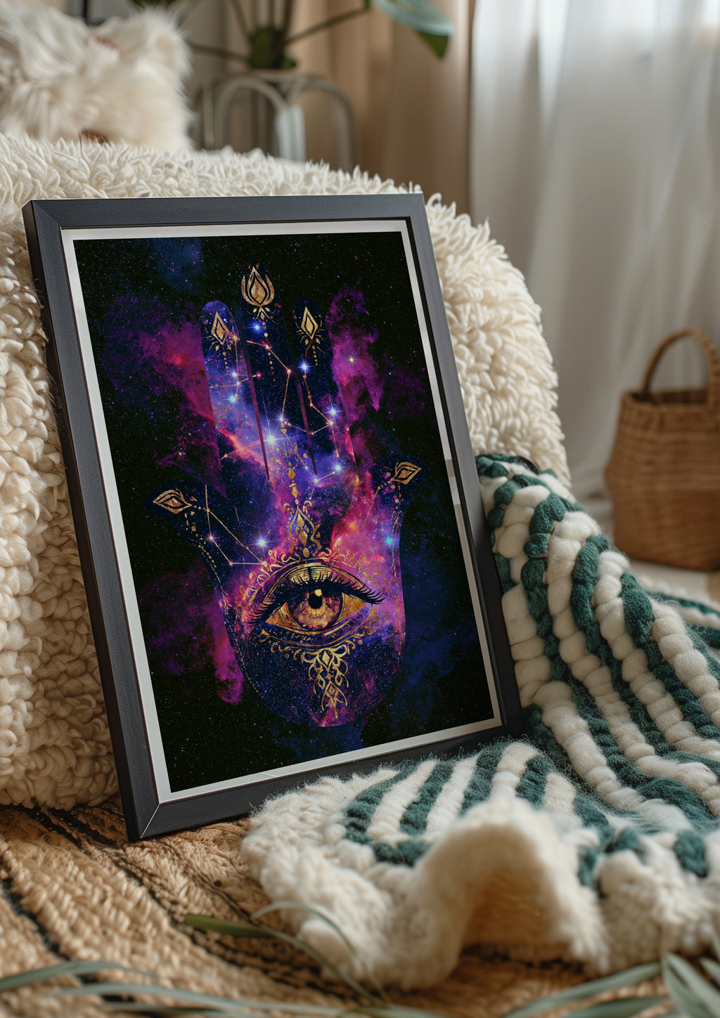 Hamsa Hand Cosmic Galaxy Poster, All-Seeing Eye, Spiritual Wall Art