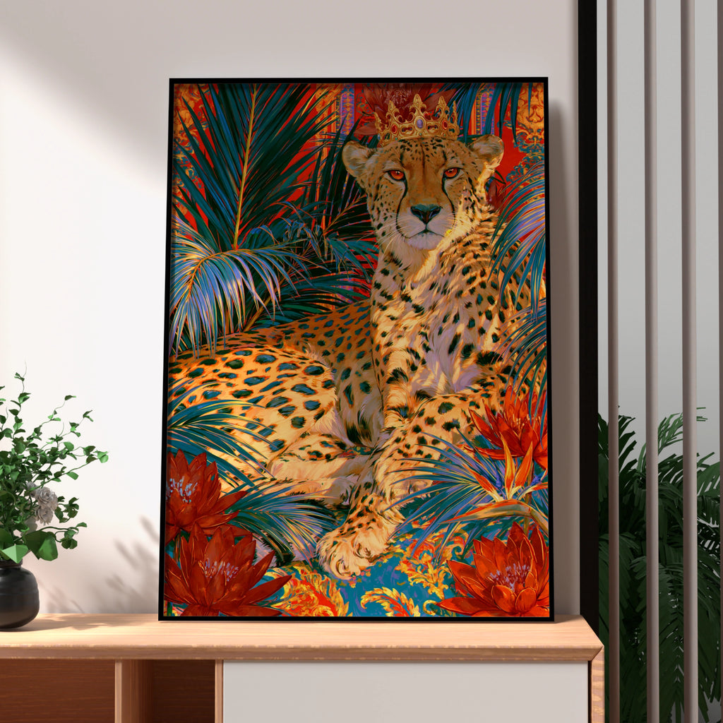 Crowned Cheetah Tropical Flowers Poster, Bold Maximalist Wall Art Print