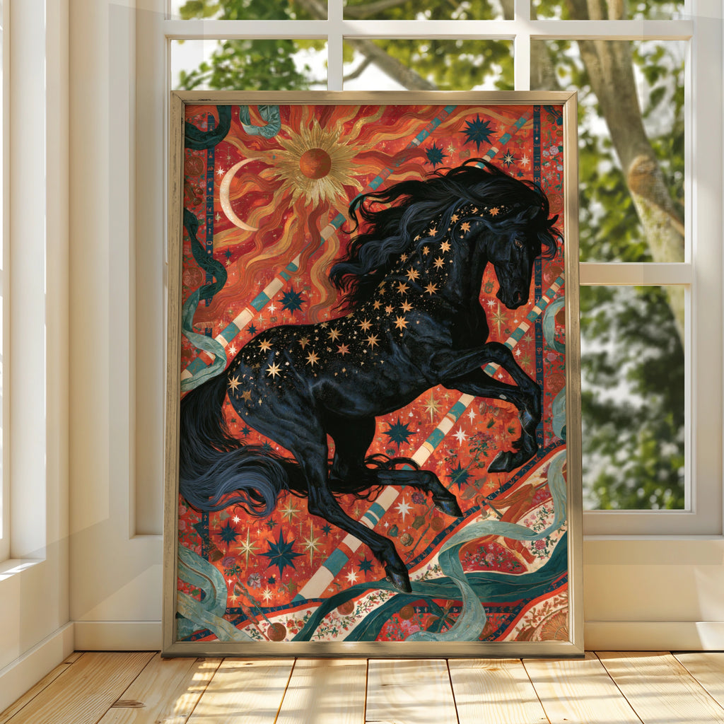 Celestial Black Horse Poster, Mystical Sun Moon Wall Art, Maximalist Print
