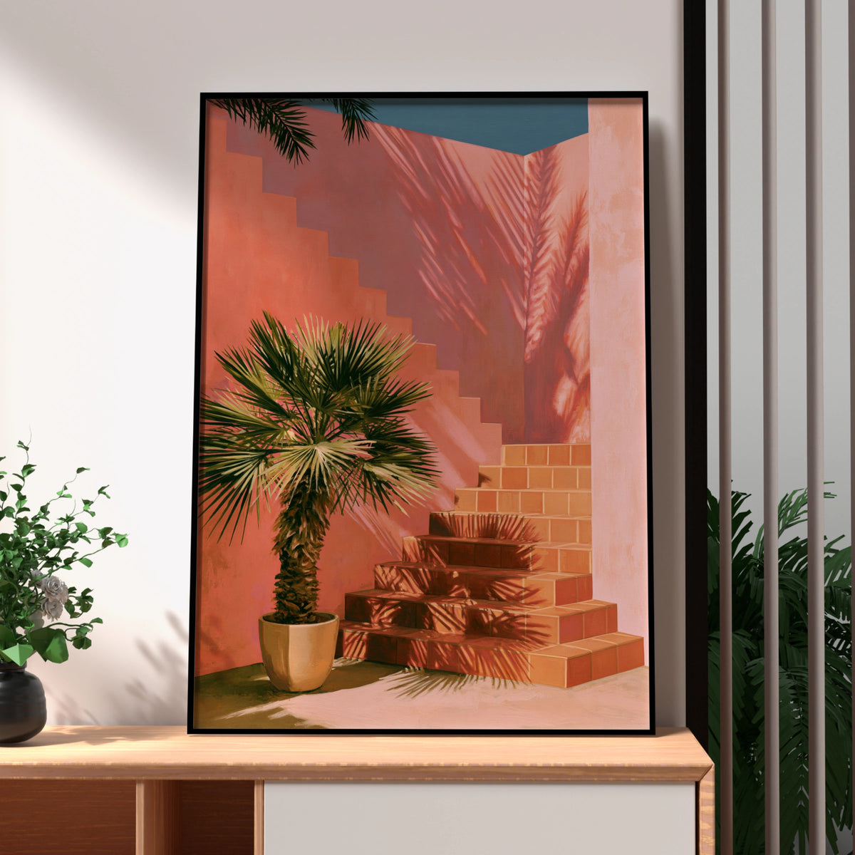 Palm Tree Courtyard Stairs Poster, Mediterranean Architecture, Terracotta Wall Art