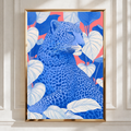 Blue Leopard Tropical Leaves Poster, Bold Pink Wildlife Wall Art Print
