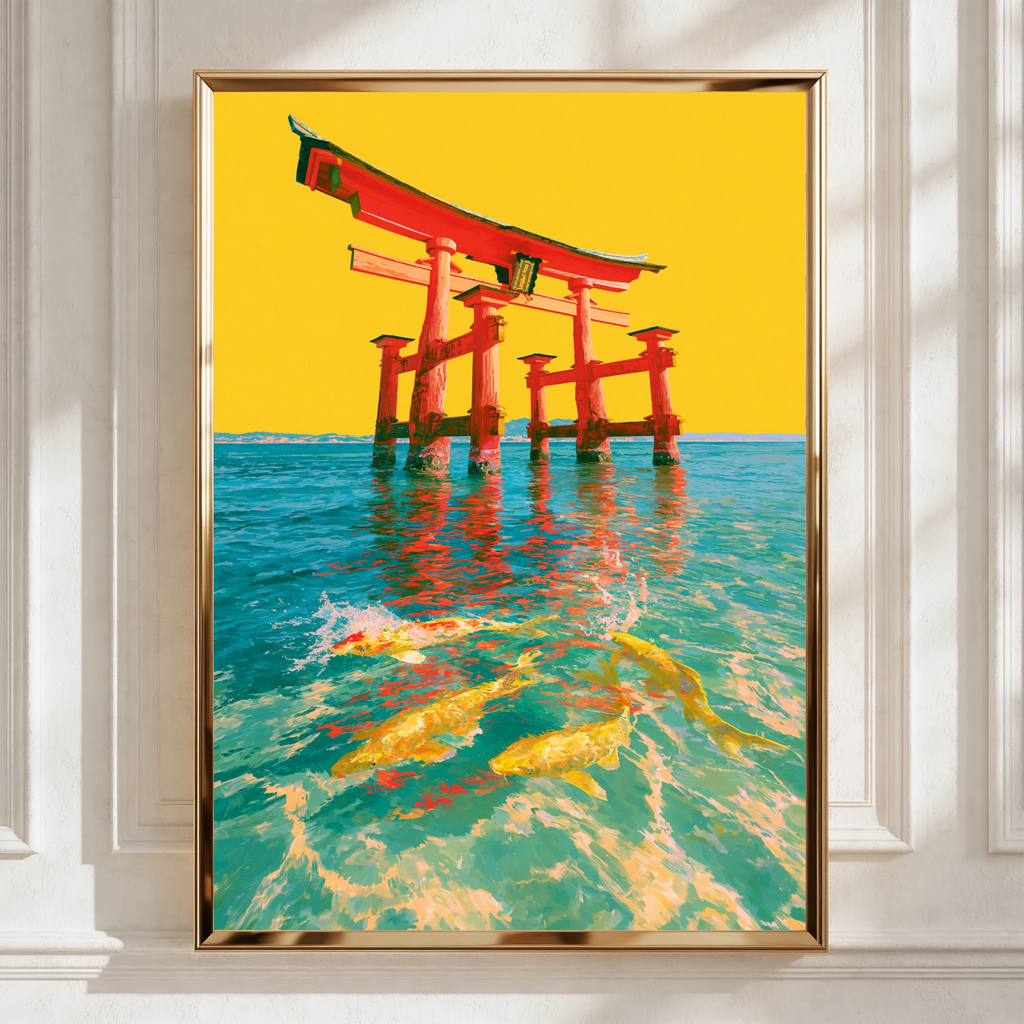 Japanese Torii Gate Koi Fish Poster, Red Gate Yellow Water Art Print