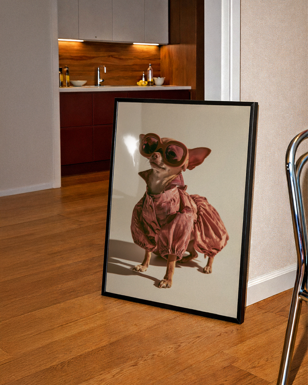 Chihuahua in Dress & Glasses Poster, Funny Fashionable Dog Wall Art Print