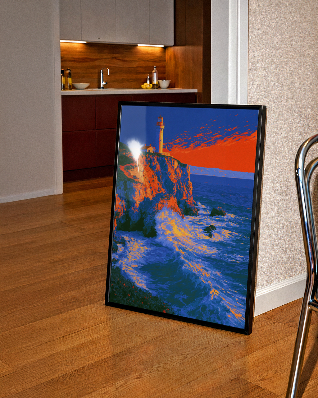Red Lighthouse Cliff Coastal Wall Art Poster, Bold Sunset Ocean Print