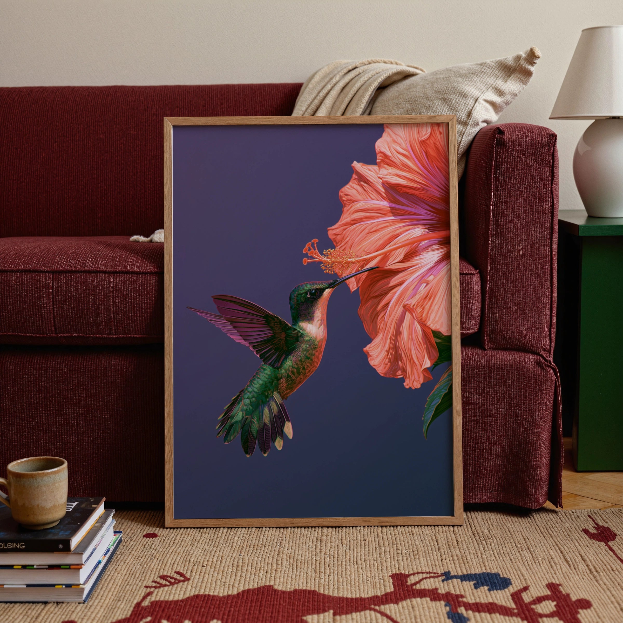 Hummingbird Hibiscus Poster, Botanical Bird Wall Art, Vibrant Illustration Print