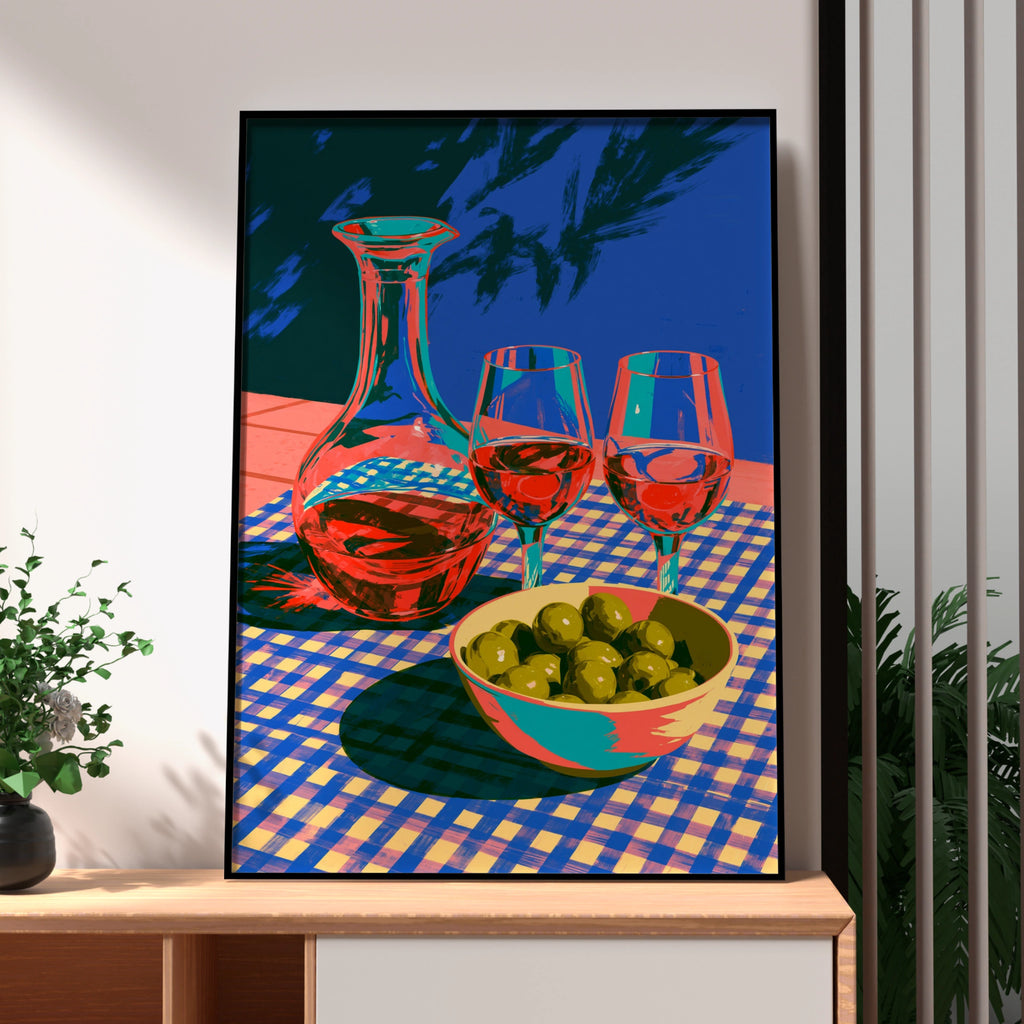 Wine & Olives Still Life Poster, Bold Colourful Mediterranean Wall Art