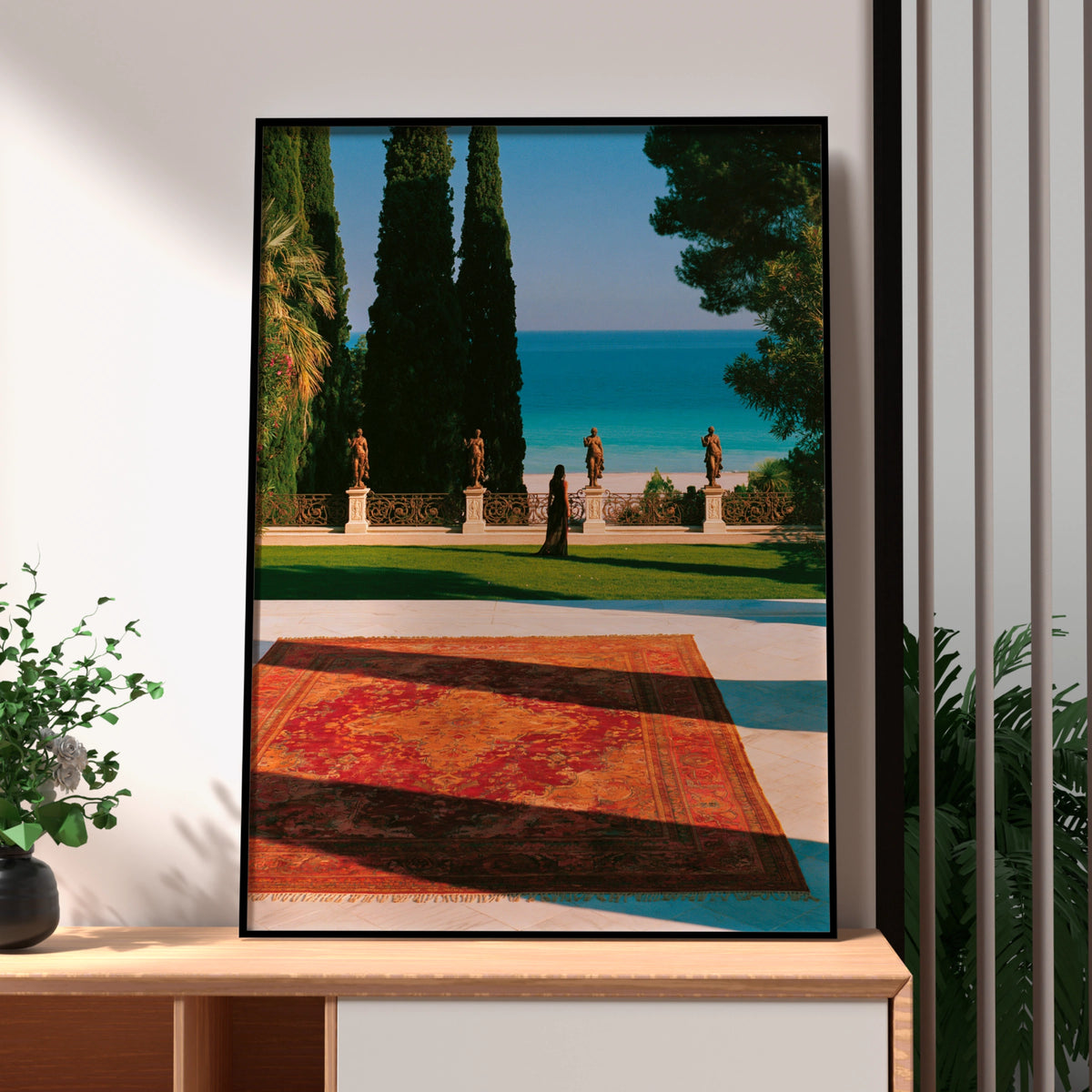 Italian Villa Statues Woman Ocean View Poster, Mediterranean Wall Art Print
