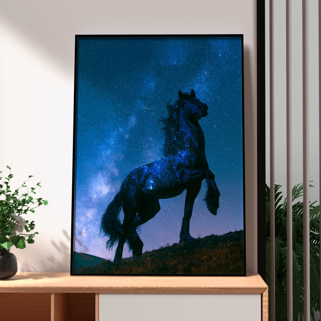 Celestial Horse Rearing Under Starry Night Sky, Galaxy Wall Art Poster
