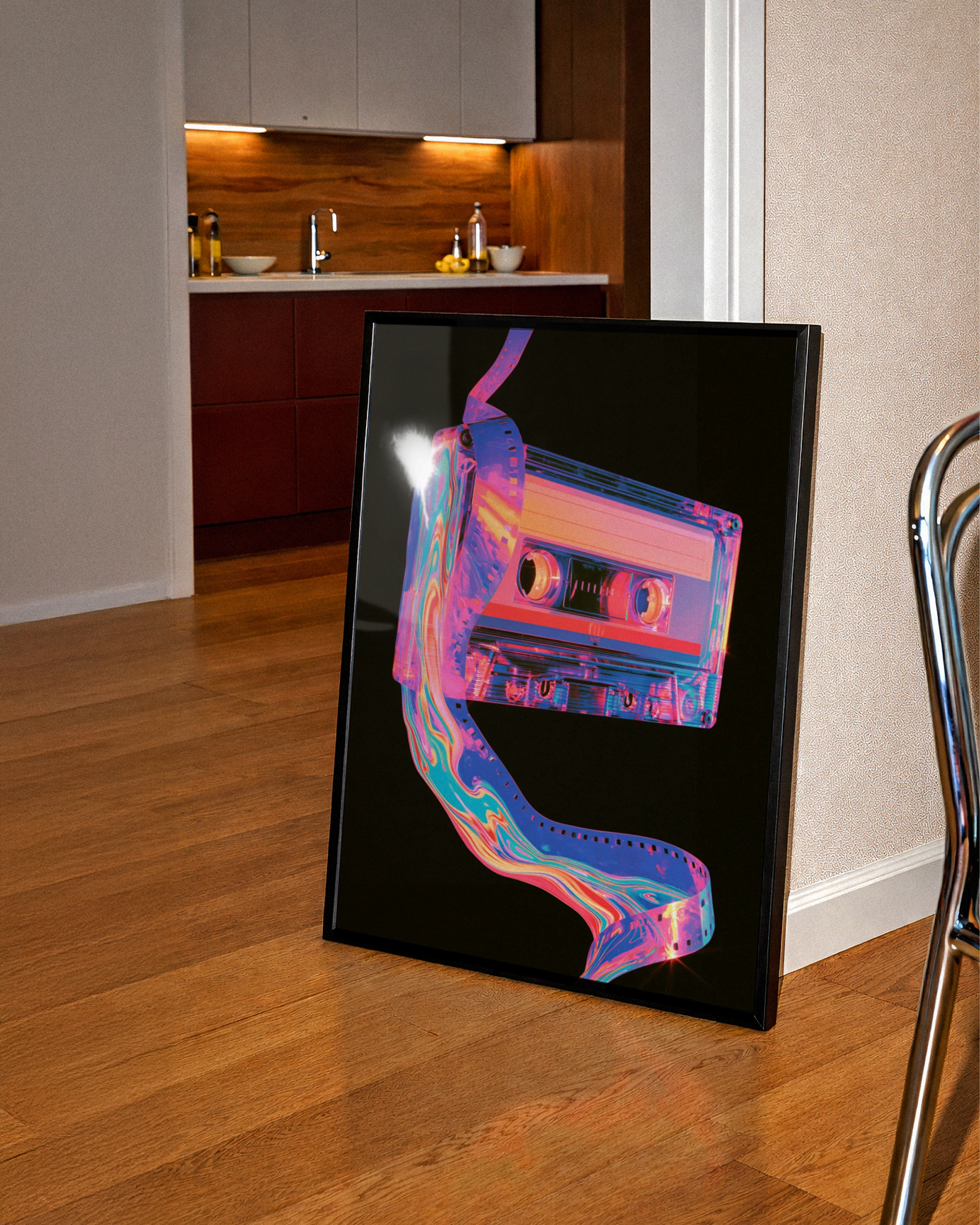 Retro Cassette Tape Poster, Neon 80s Wall Art, Synthwave Music Print