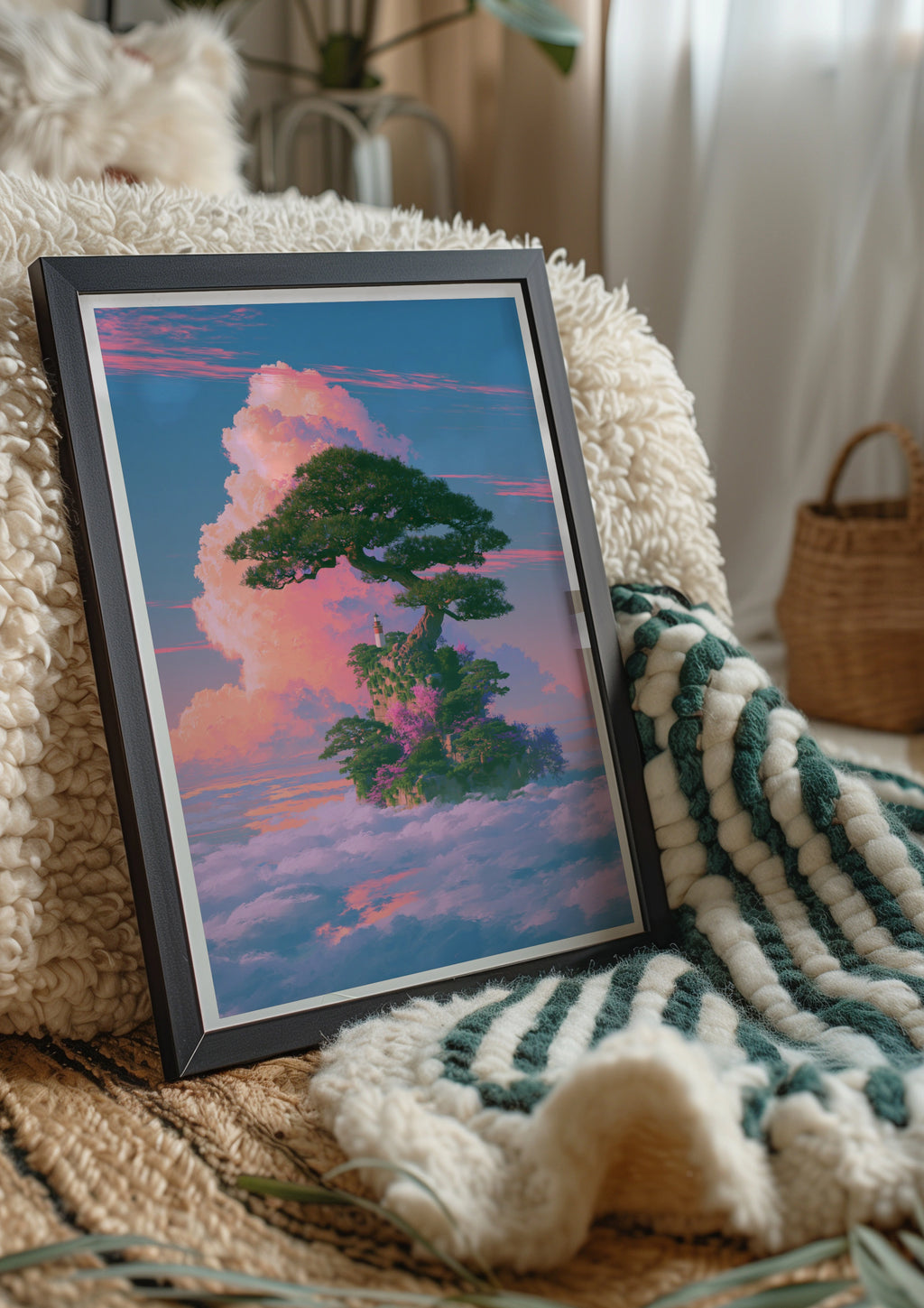 Floating Island Lighthouse Tree Sky Poster, Fantasy Japanese Art Print