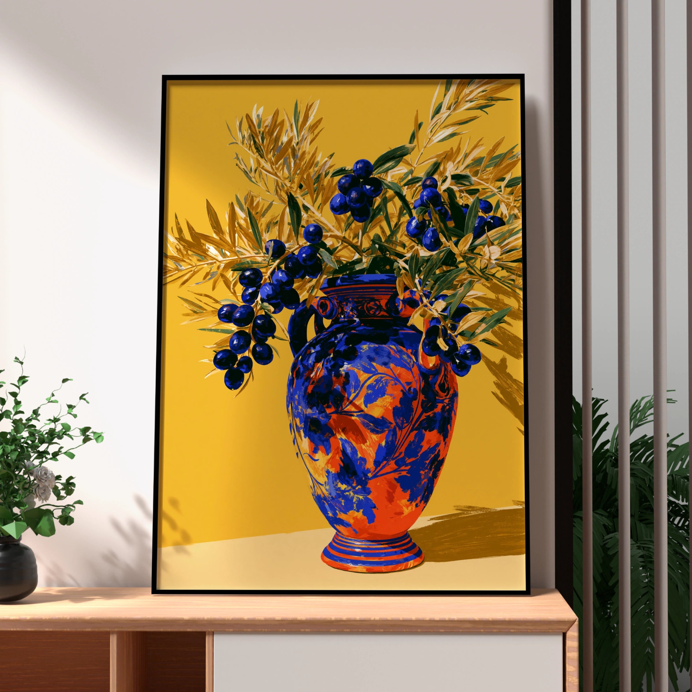 Olive Branch Vase Poster, Bold Botanical Wall Art, Mediterranean Style Print