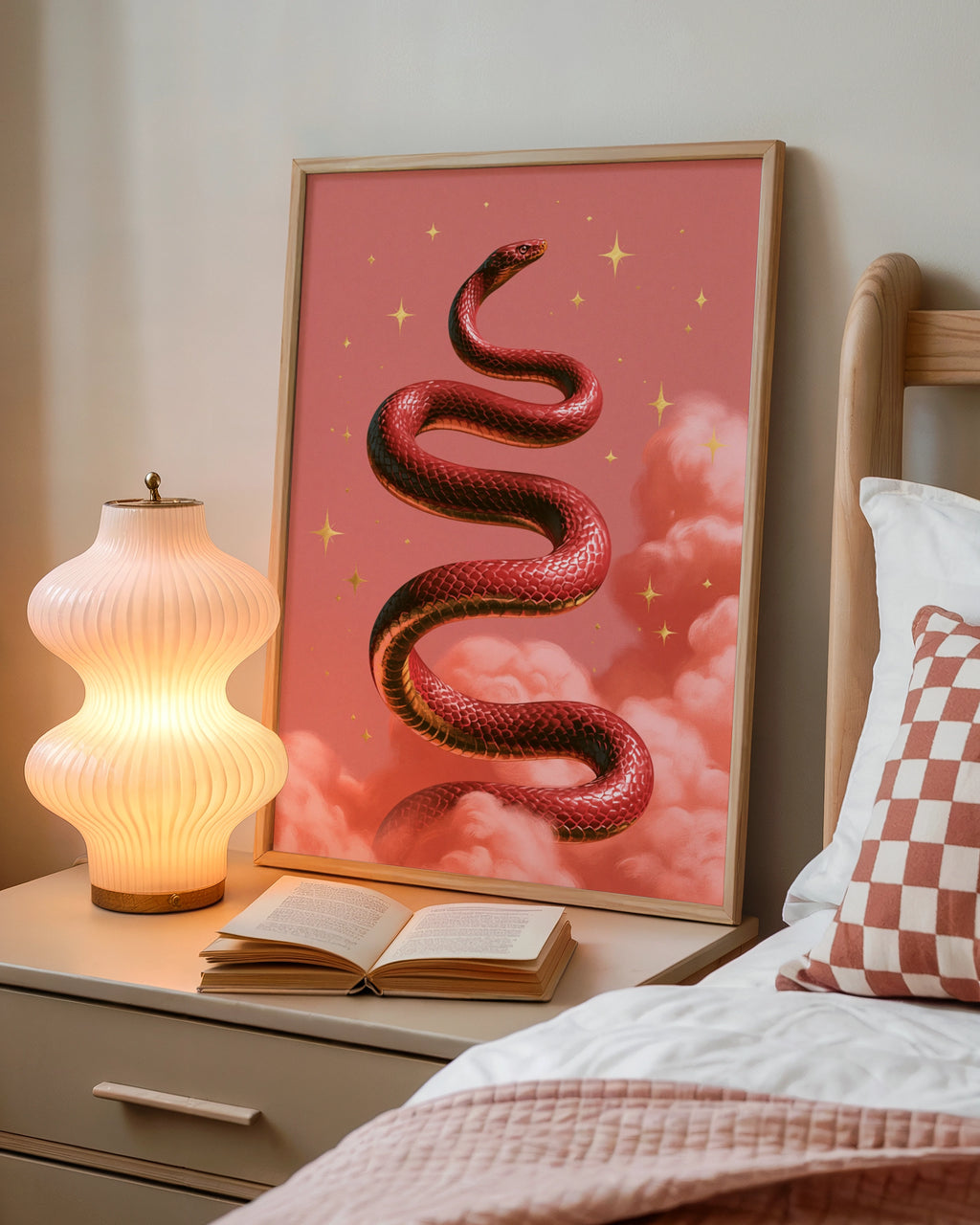 Red Snake Pink Clouds Poster, Celestial Serpent Wall Art, Mystical Print