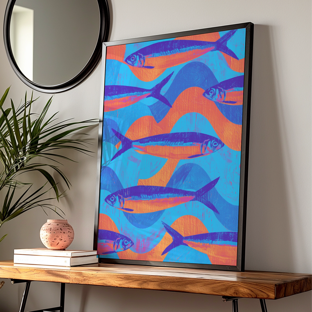 Sardine School Fish Poster, Blue Orange Wall Art, Bold Linocut Style Print