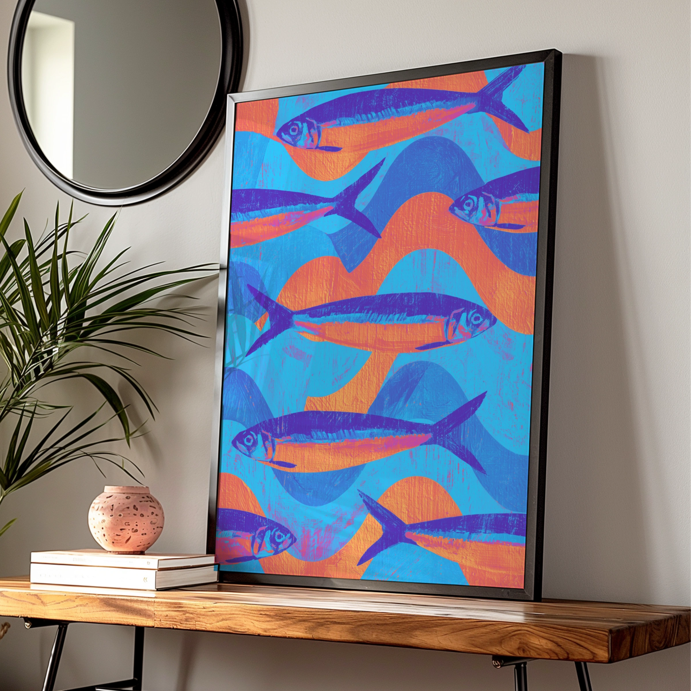 Sardine School Fish Poster, Blue Orange Wall Art, Bold Linocut Style Print