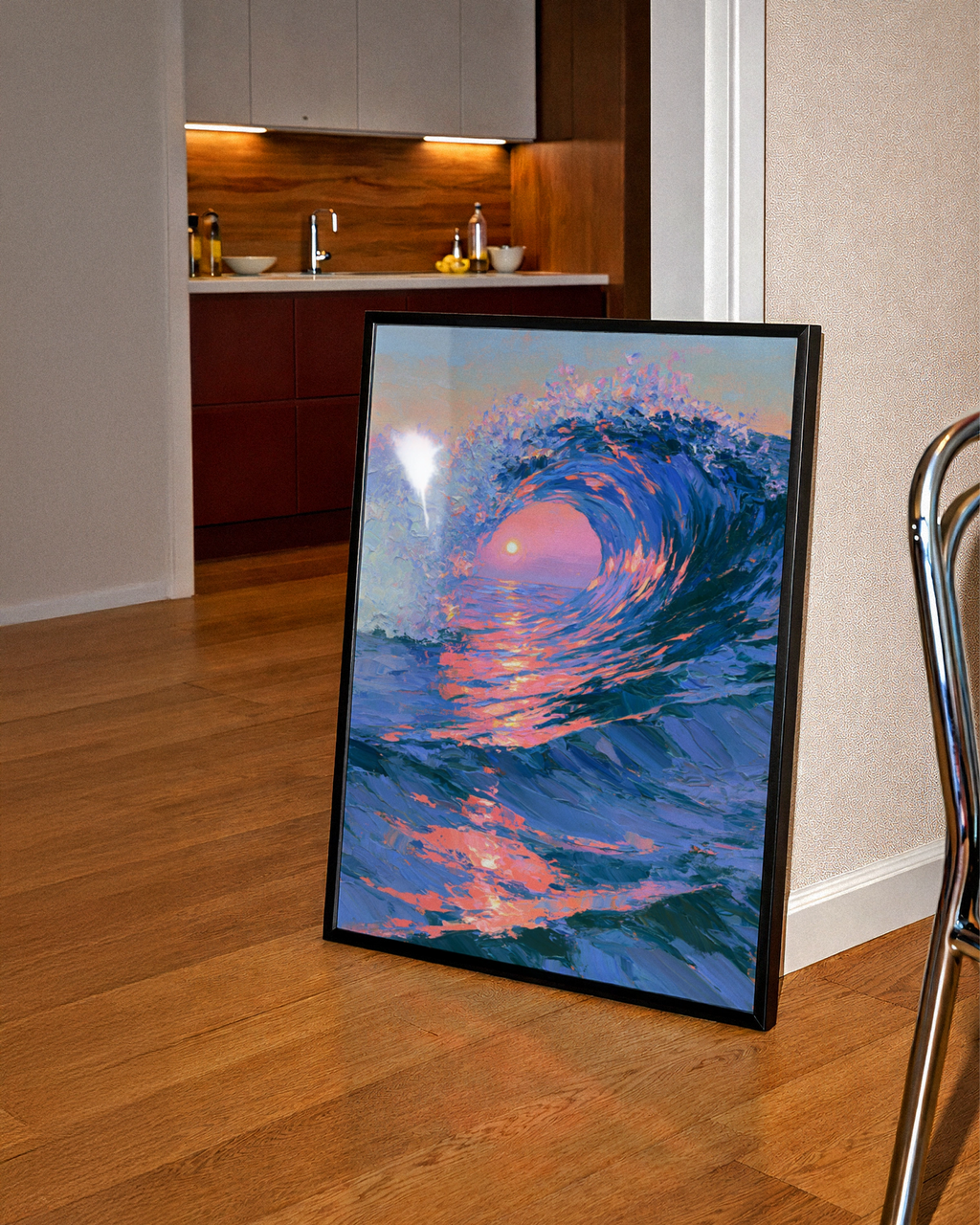 Ocean Wave Sunset Poster, Impressionist Sea Art Print, Blue Pink Wall Art