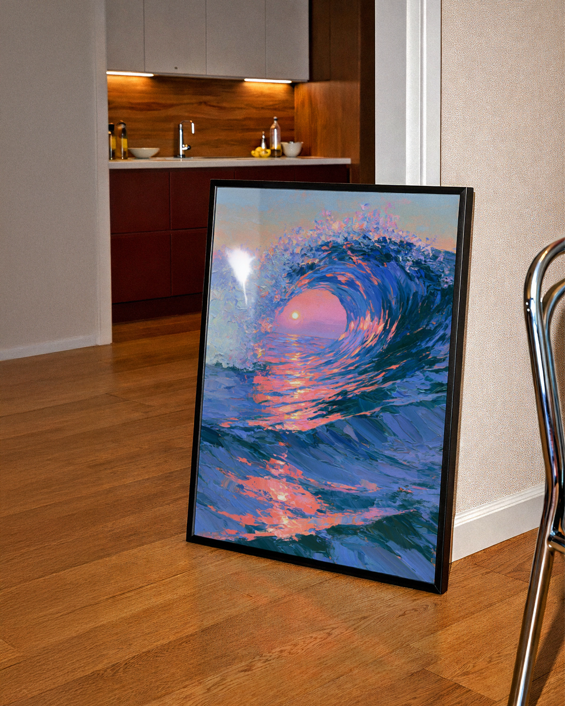 Ocean Wave Sunset Poster, Impressionist Sea Art Print, Blue Pink Wall Art