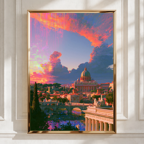 Rome Sunset Skyline Poster, St Peter's Basilica, Vibrant Orange Sky Art Print