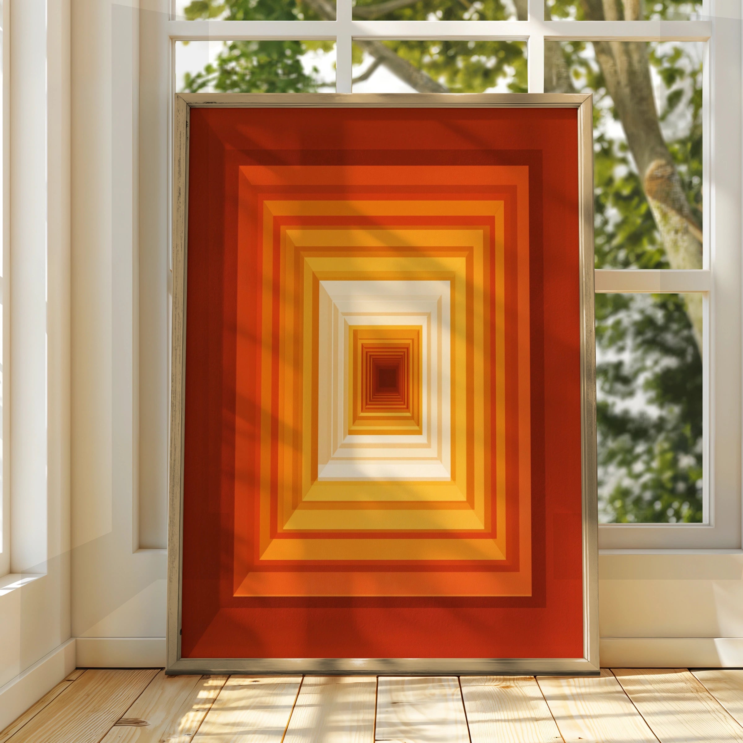 Red Orange Concentric Rectangles Wall Art Poster, Geometric Op Art Print