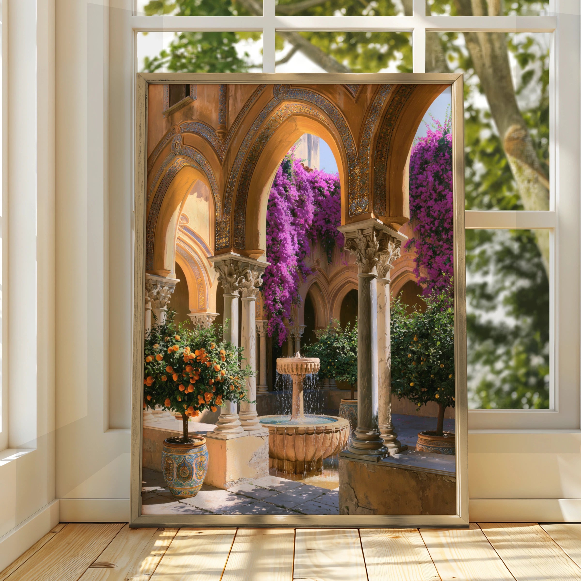 Sicilian Courtyard Mosaic Poster, Mediterranean Fountain Wall Art Print