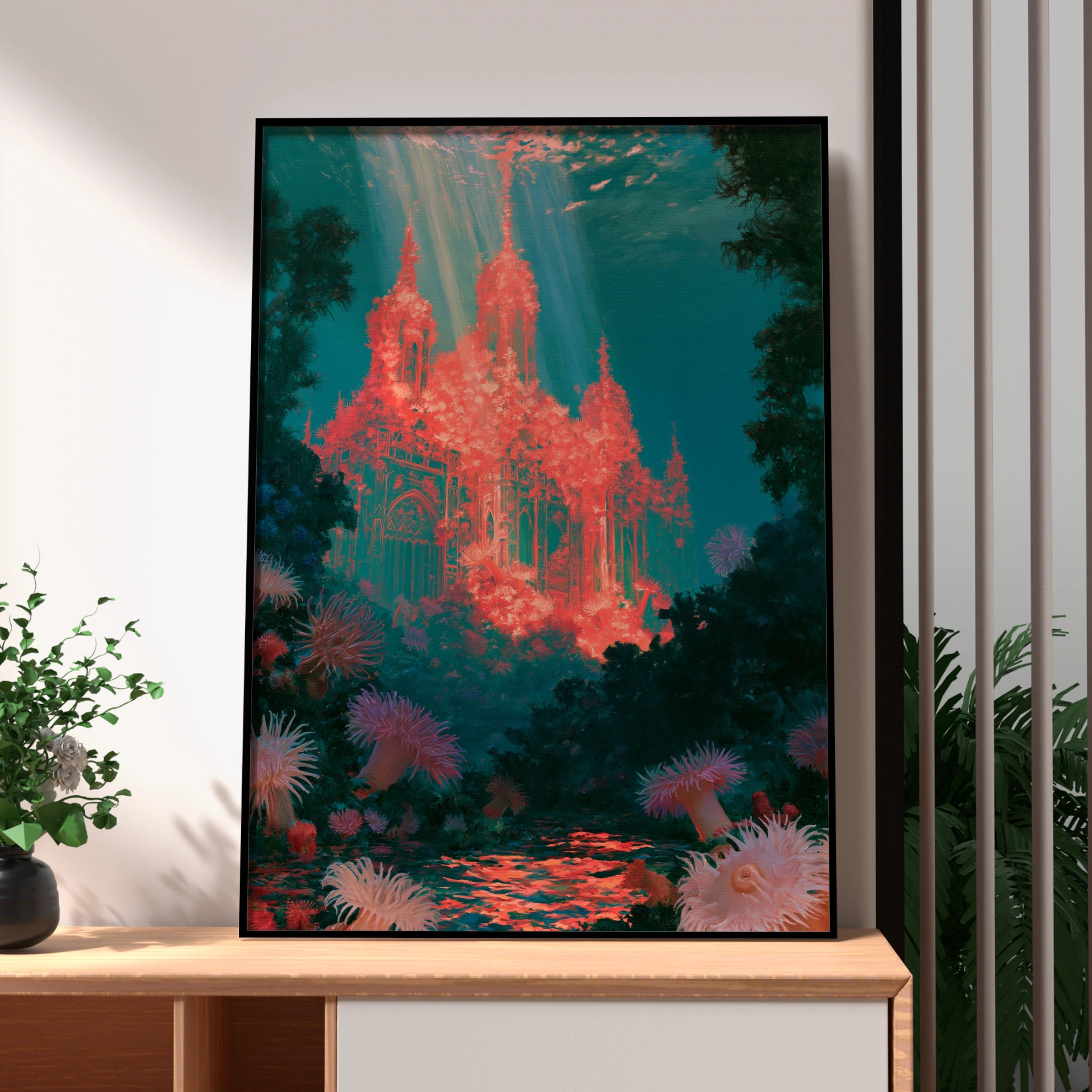 Underwater Coral City Cathedral Poster, Fantasy Ocean Wall Art, Teal Coral Print