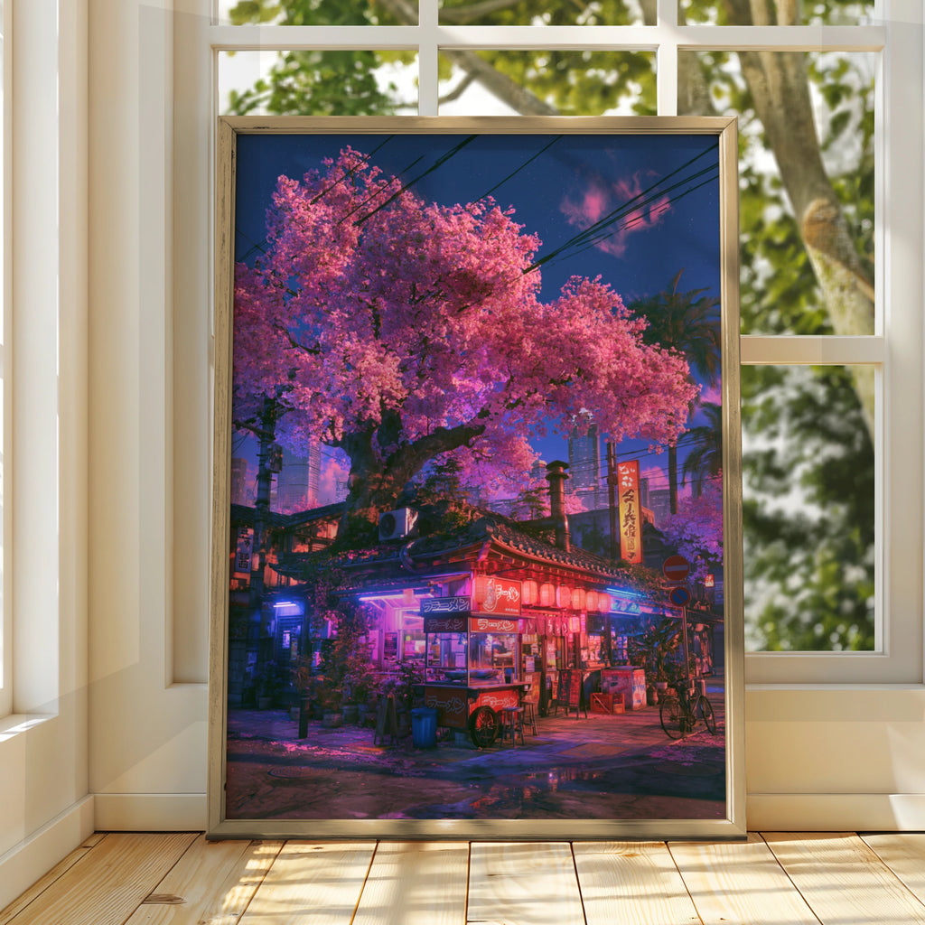 Japan Cherry Blossom Street Corner Poster, Neon Tokyo Night Art Print