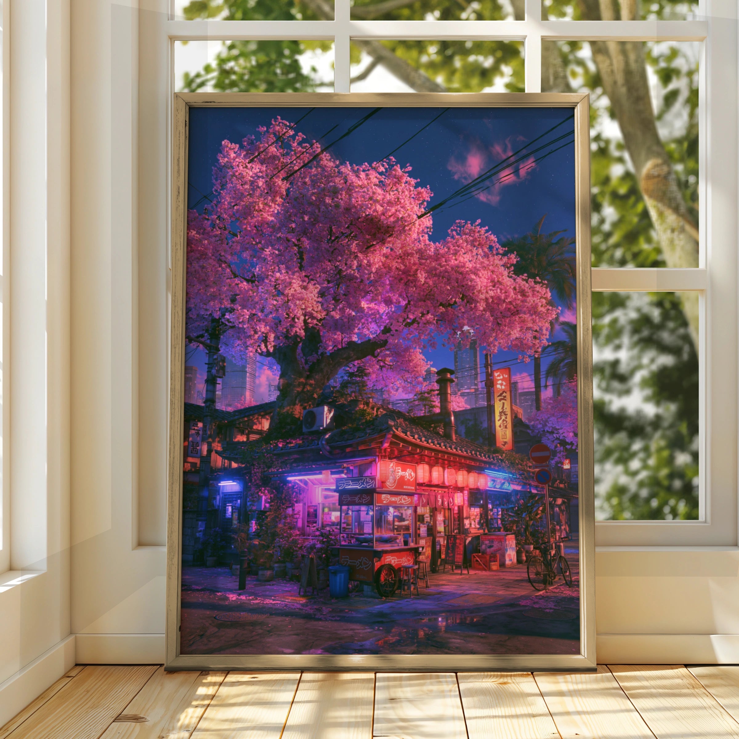 Japan Cherry Blossom Street Corner Poster, Neon Tokyo Night Art Print