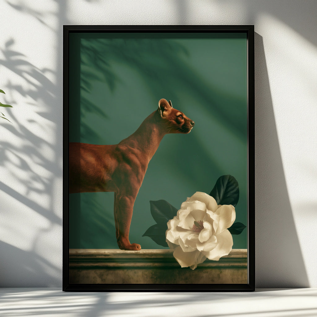 Fossa & Magnolia Poster, Dark Green Animal Wall Art, Botanical Print