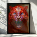 Red Glitter Tiger Roaring Poster, Crystal Big Cat Wall Art, Bold Modern Print