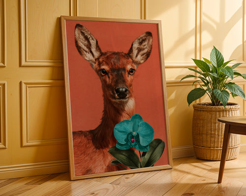 Deer with Orchid Flower Poster, Bold Orange Wildlife Wall Art Print