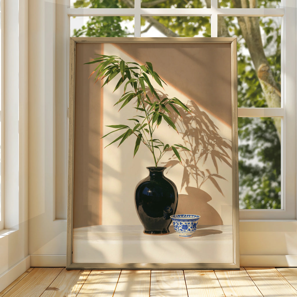 Black Porcelain Vase Bamboo Still Life Poster, Asian Botanical Wall Art Print