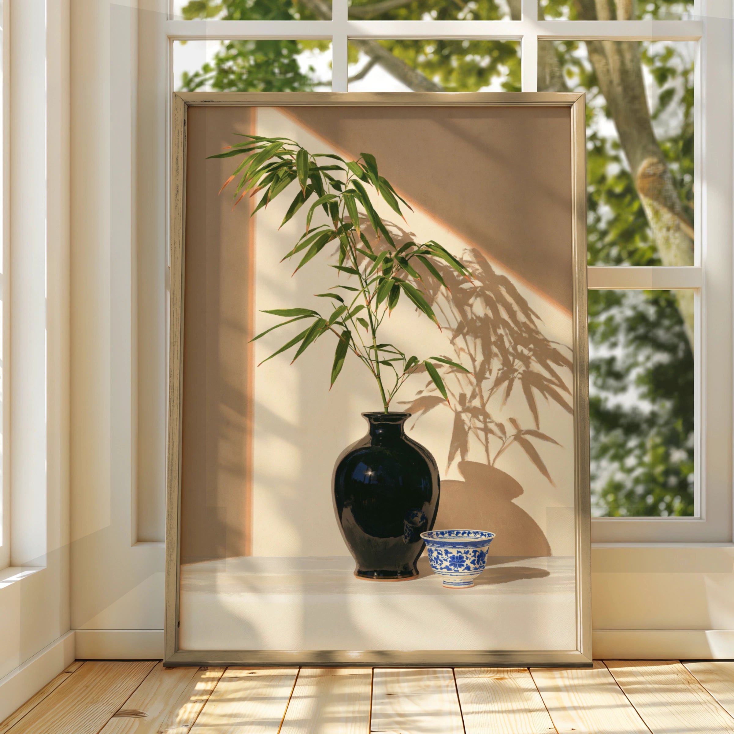 Black Porcelain Vase Bamboo Still Life Poster, Asian Botanical Wall Art Print