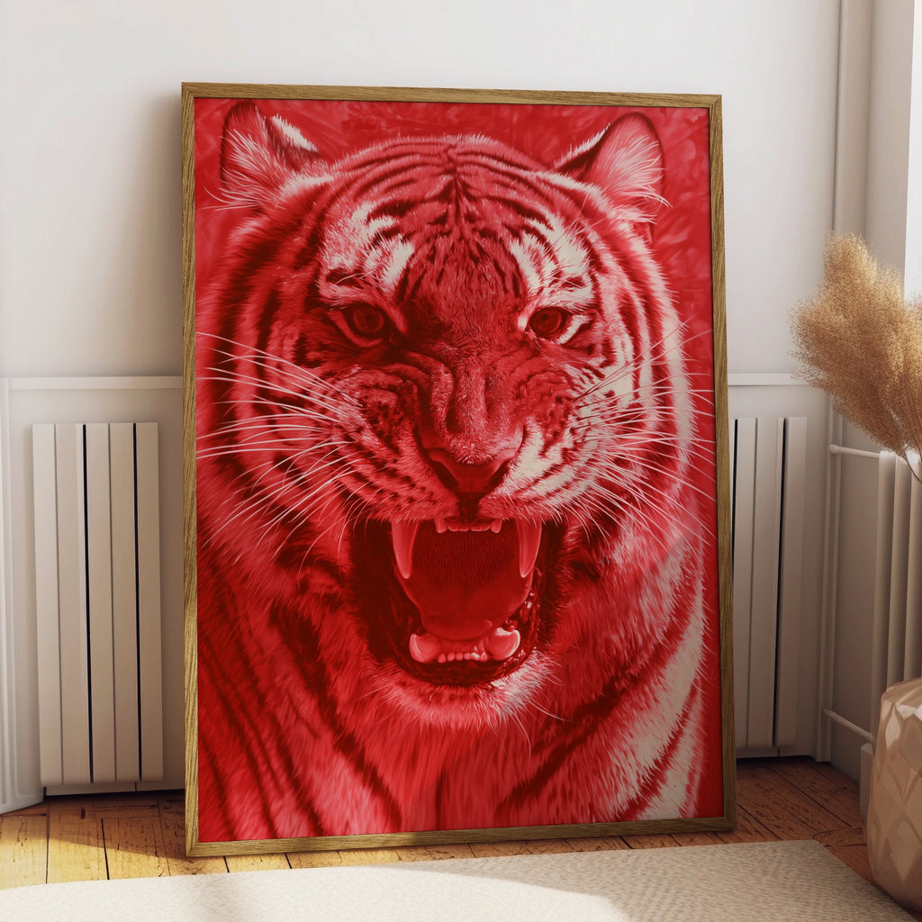 Red Tiger Growl Poster, Bold Wildlife Wall Art, Fierce Big Cat Print