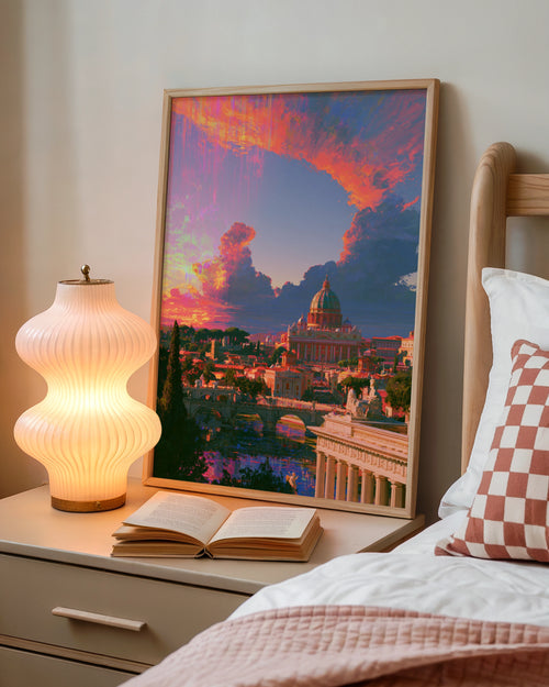 Rome Sunset Skyline Poster, St Peter's Basilica, Vibrant Orange Sky Art Print