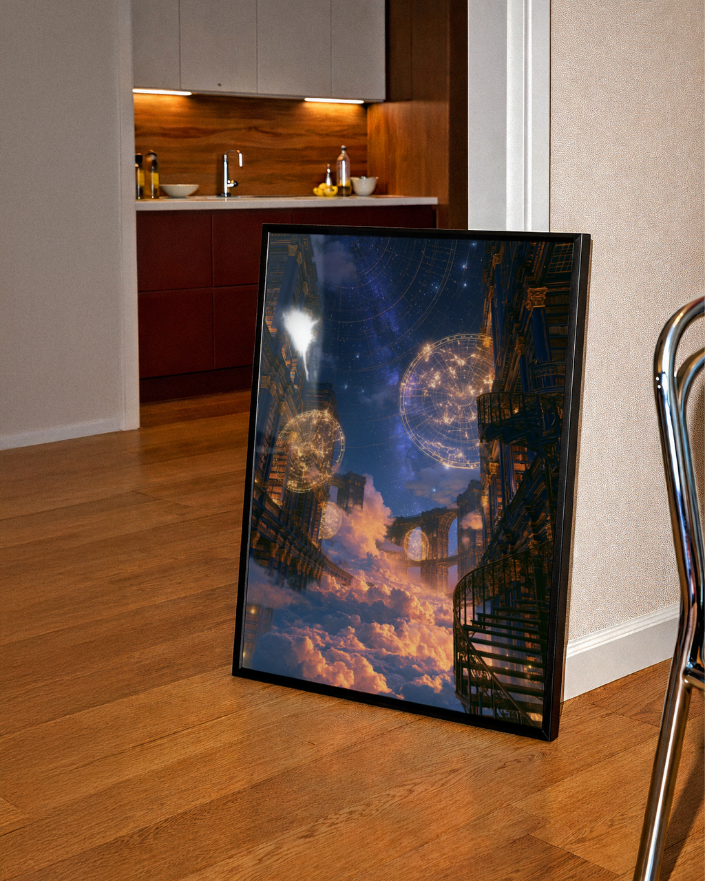 Celestial Library Sky City Poster, Fantasy Architecture Art Print, Starry Night