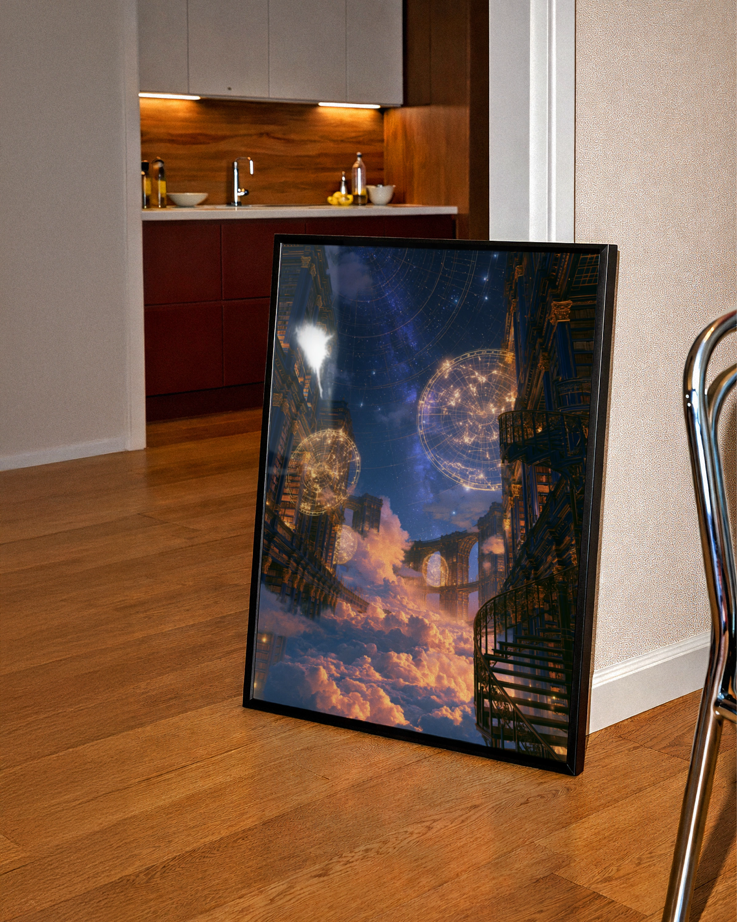 Celestial Library Sky City Poster, Fantasy Architecture Art Print, Starry Night