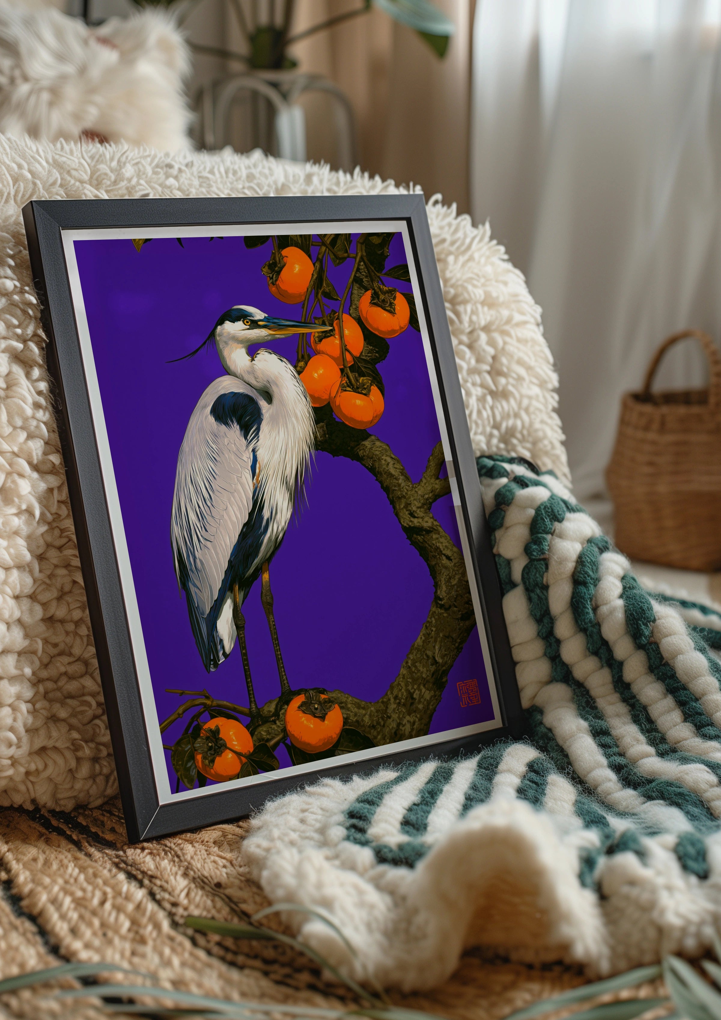 Heron & Persimmon Tree Poster, Japanese Bird Art, Bold Purple Wall Print