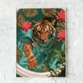 Tiger in Bath with Lotus Flowers Poster, Wildlife Art Print, Botanical