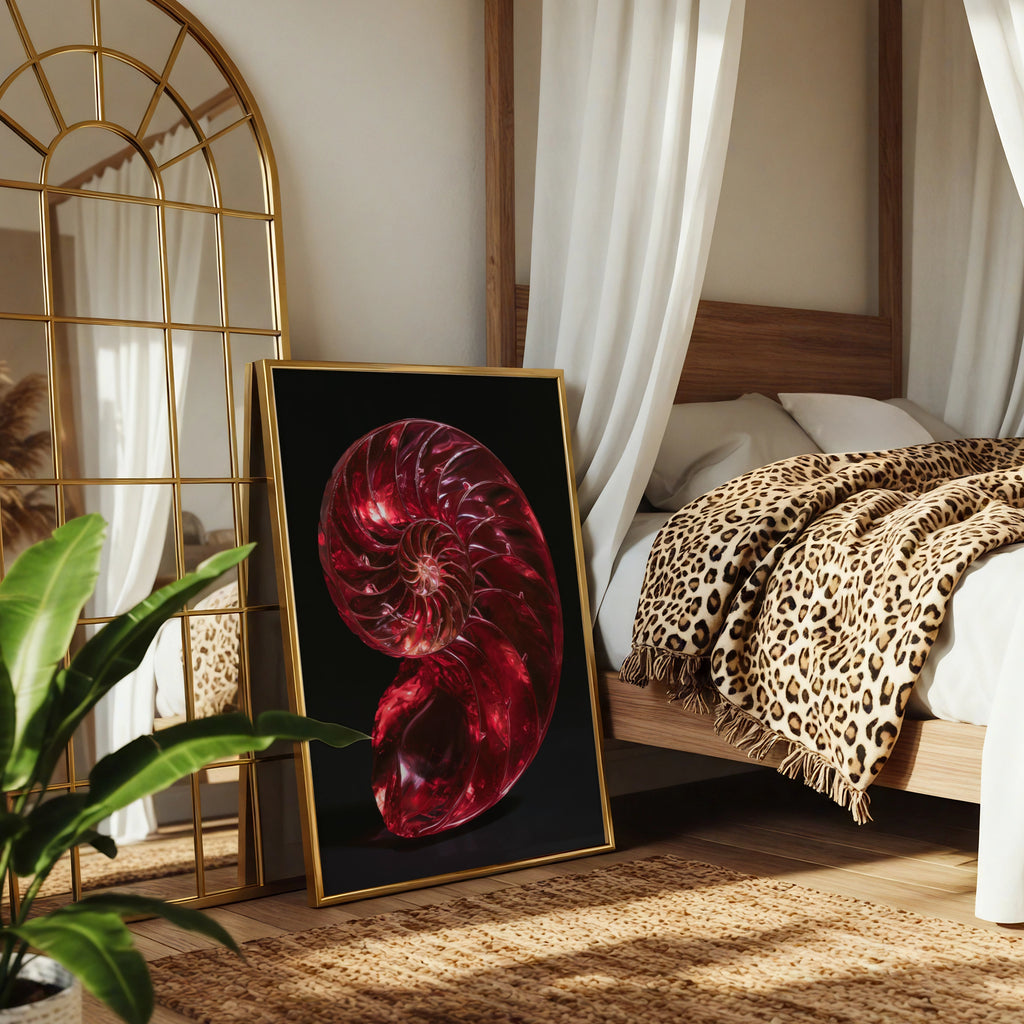 Red Nautilus Shell Poster, Spiral Fibonacci Art Print, Bold Nature Wall Art