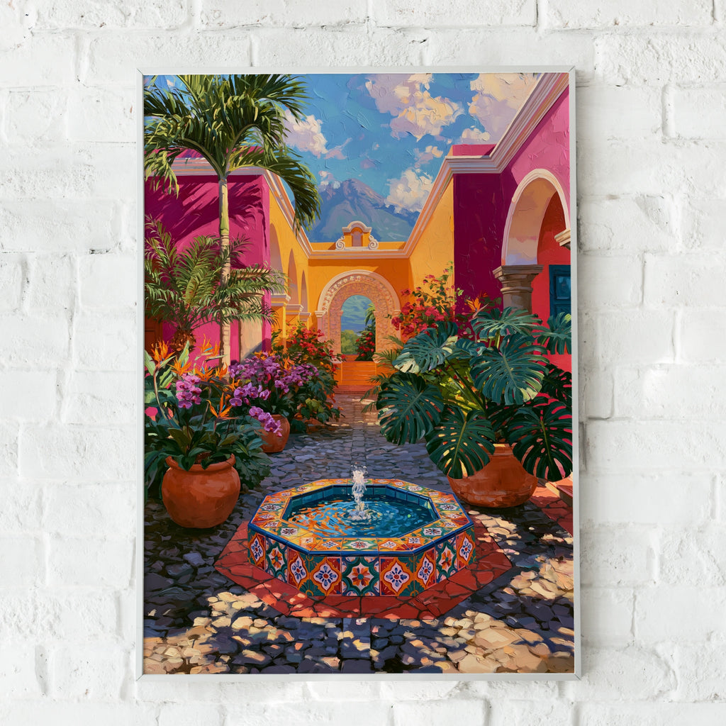 Guatemala Courtyard Poster, Colourful Tiled Fountain, Latin America Wall Art