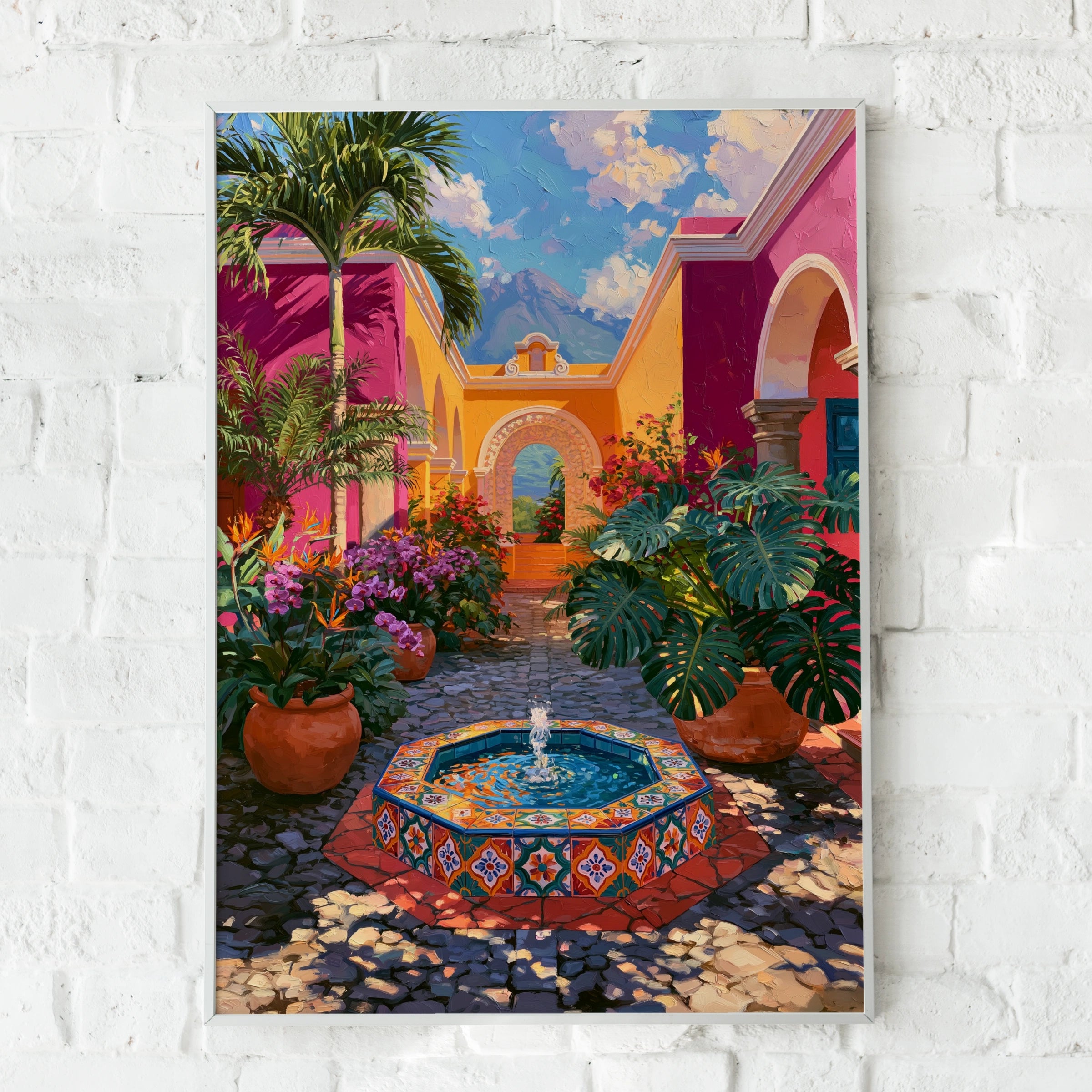 Guatemala Courtyard Poster, Colourful Tiled Fountain, Latin America Wall Art