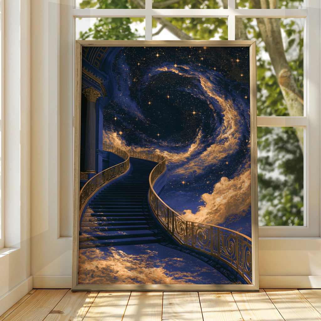 Stairway to Heaven Poster, Celestial Galaxy Art, Navy Blue Gold Print