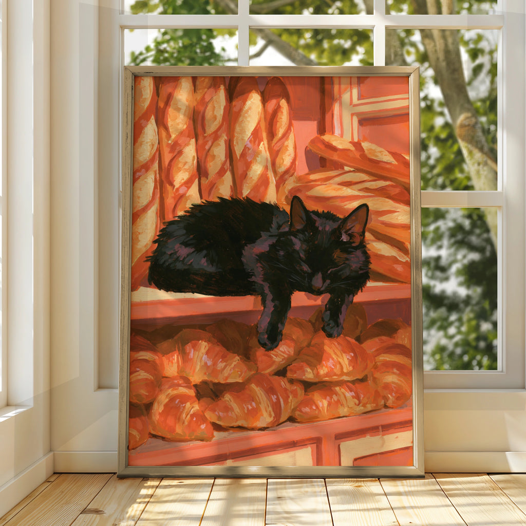 Black Cat Sleeping in French Bakery, Croissants Baguettes Wall Art Poster