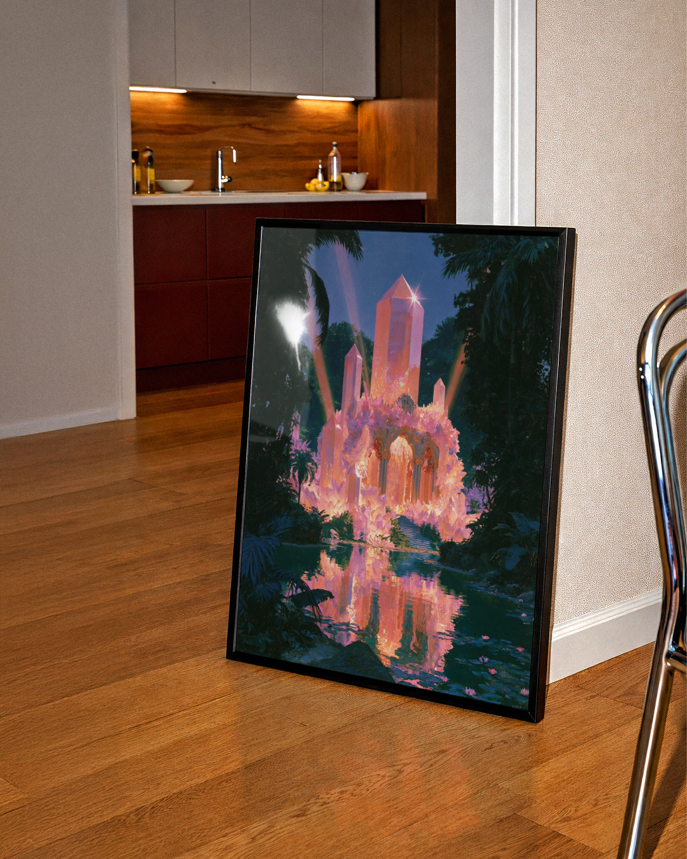 Crystal Temple Jungle Poster, Mystical Fantasy Art Print, Pink Glowing
