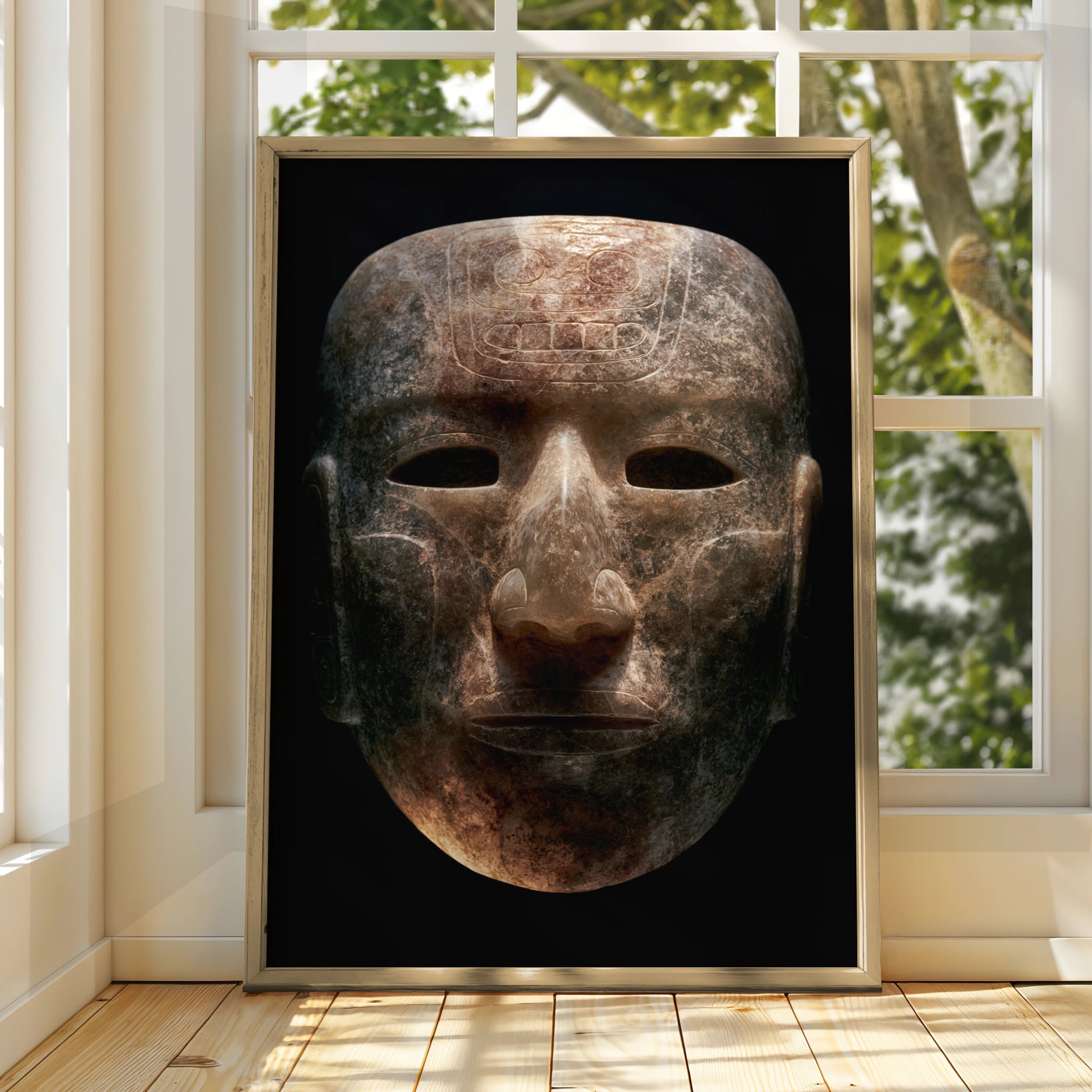 Aztec Mask Wall Art Poster, Ancient Stone Face, Mesoamerican Print