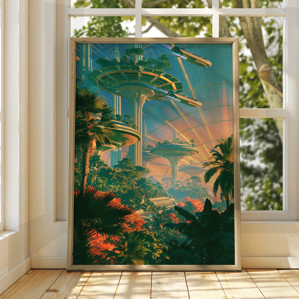 Futuristic City Green Dome Poster, Sci-Fi Jungle Architecture Print, Retro Futurism