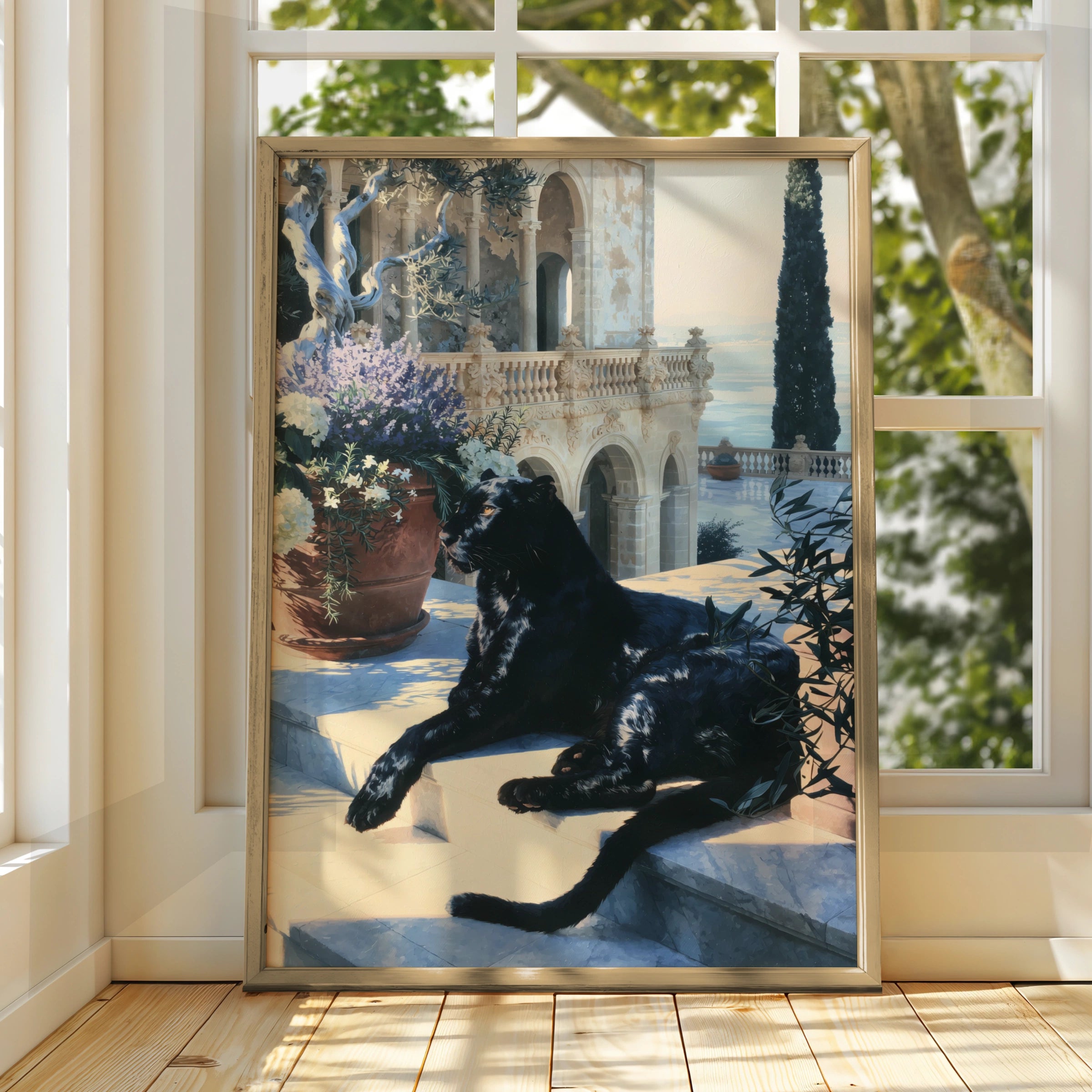 Black Panther Villa Stairs Poster, Mediterranean Architecture Art Print