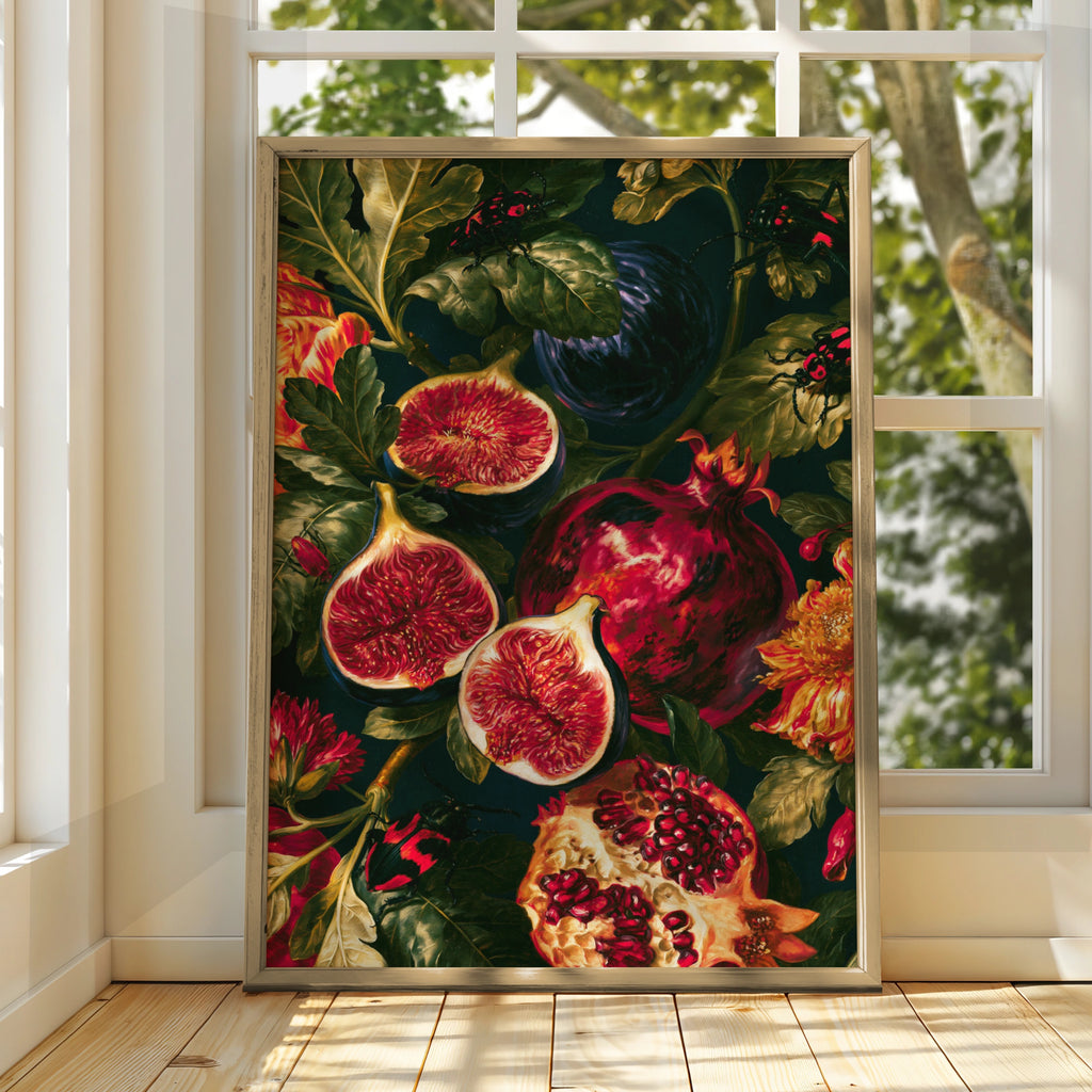 Figs & Pomegranate Still Life Poster, Dark Botanical Wall Art Print