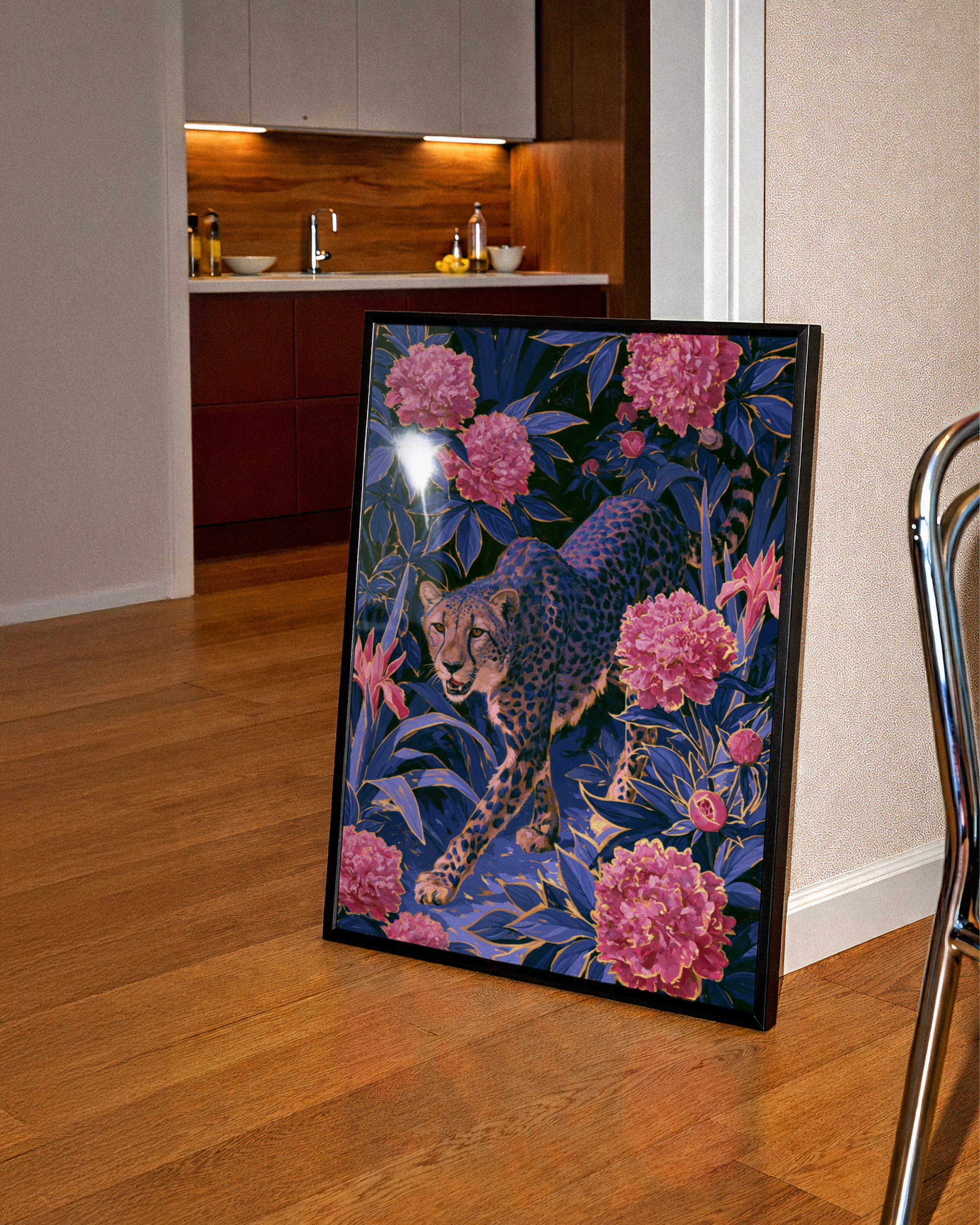 Cheetah Pink Flowers Poster, Botanical Jungle Wall Art, Dark Floral Print
